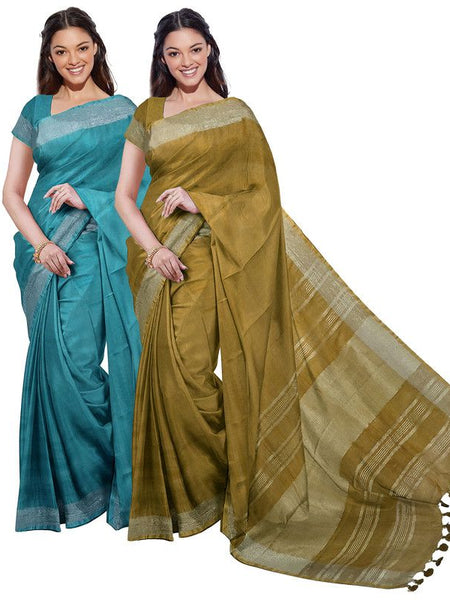 Cyan & Olive Green women's Bhagalpuri Handloom Cotton-Linen Blend Saree Combo (Pack Of 2) With Running Unstiched Blouse Piece