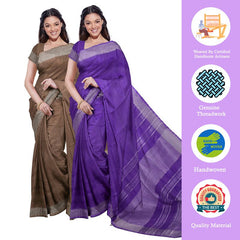 Brown & French Violet women's Bhagalpuri Handloom Cotton-Linen Blend Saree Combo (Pack Of 2) With Running Unstiched Blouse Piece - View 2