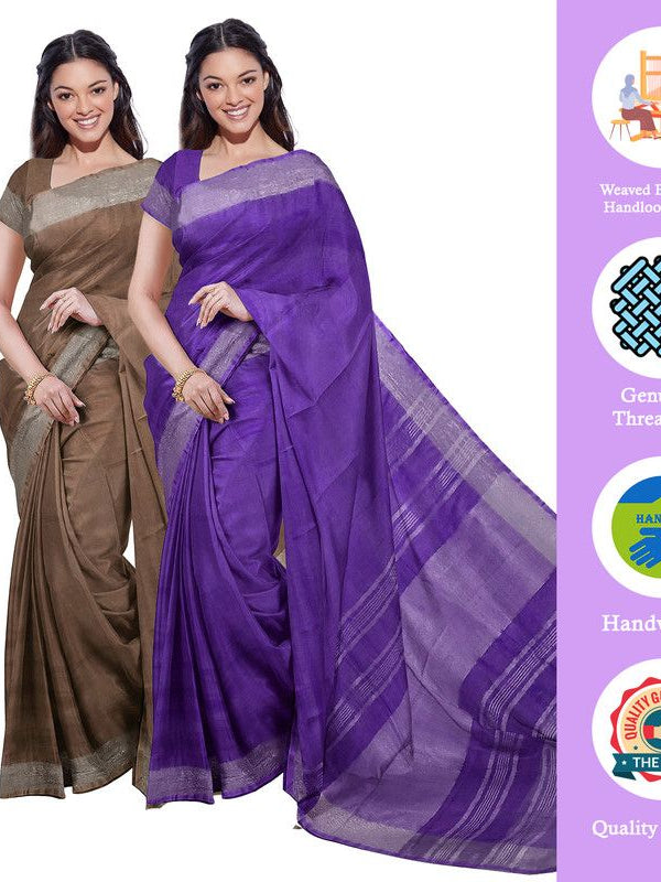 Brown & French Violet women's Bhagalpuri Handloom Cotton-Linen Blend Saree Combo (Pack Of 2) With Running Unstiched Blouse Piece - View 2