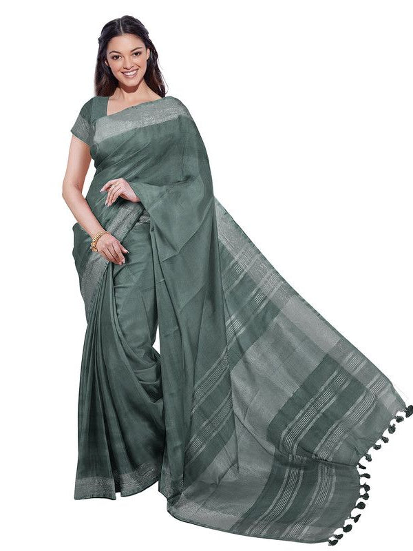 Hookers' Green & Moss Green women's Bhagalpuri Handloom Cotton-Linen Blend Saree Combo (Pack Of 2) With Running Unstiched Blouse Piece - View 3