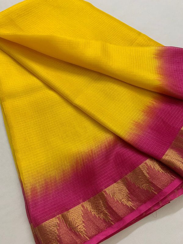 Temple Border Handloom Two Dye Organza Net Saree (Yellow_Hot_Pink) - View 5