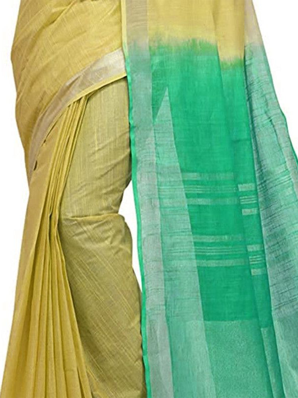 Sunflower Yellow & Aquamarine Turquoise women's Handloom Bhagalpuri Cotton Linen Blend Two Dye Saree With Running Unstitched Blouse Piece - View 5