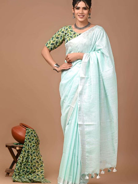 Linen Cotton Blend Handloom Bhagalpuri Saree with Zari Border (12795 Mint_Turquoise)