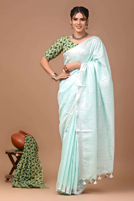 Linen Cotton Blend Handloom Bhagalpuri Saree with Zari Border (12795 Mint_Turquoise)
