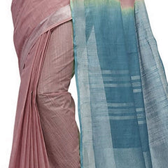 Tumbleweed Tan & Cerulean Blue women's Bhagalpuri Handloom Linen Slub Blend Two Dye Saree With Running Unstitched Blouse Piece - View 5
