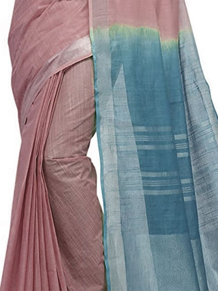 Tumbleweed Tan & Cerulean Blue women's Bhagalpuri Handloom Linen Slub Blend Two Dye Saree With Running Unstitched Blouse Piece - View 5