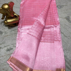 Bhagalpuri Handloom Cotton Silk Check Half Body Saree for women's (Baby_Pink)