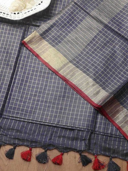 Women's Handloom Linen Cotton Blend Bhagalpuri Check Saree with Contrast Blouse Piece - View 5