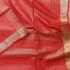 Linen Blend Handloom Bhagalpuri Check Saree with Gold Zari Border - View 7