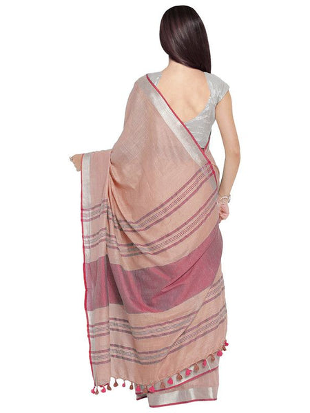 Tea Rose Pink-Pink women's Bhagalpuri Handloom Cotton Linen Blend Contrast Pallu Saree And Unstitched Contrast Blouse Piece - View 4