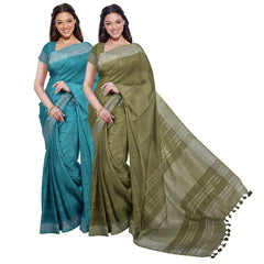 Cyan & Moss Green women's Bhagalpuri Handloom Cotton-Linen Blend Saree Combo (Pack Of 2) With Running Unstiched Blouse Piece