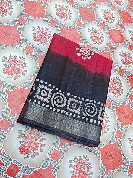 Linen Cotton Blend Handloom Bandhani Dye Batik Print Saree (SLBR_Red & Black) - View 2