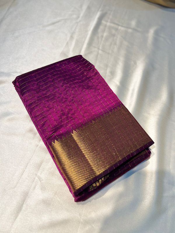 Cotton Silk Handloom Bhagalpuri Wide Border Check Saree (Gold-Magenta) - View 2