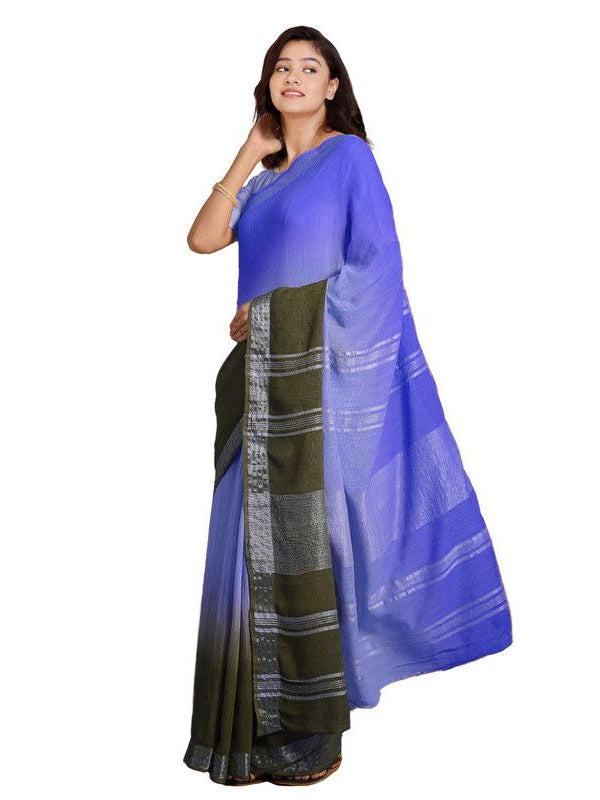 Neon Blue & Brownish Green women's Bhagalpuri Handloom Linen Cotton Blend Two Dye Saree With Running Unstitched Blouse Piece - View 5