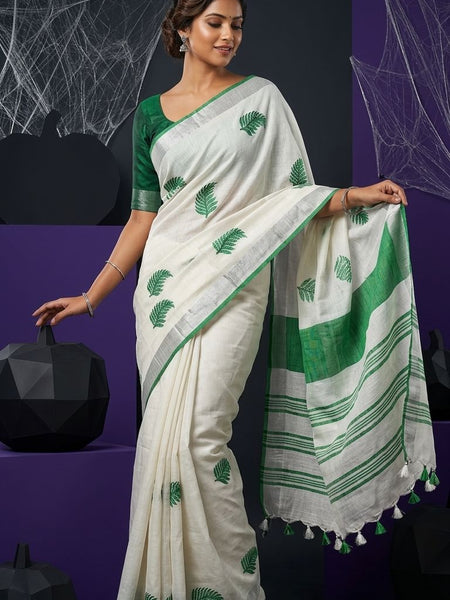 Handwoven Bhagalpuri Linen Blend Embroidered Saree With Contrast Blouse Piece(White and Bottle Green)