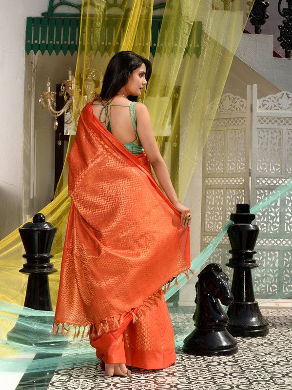 Zari Weaving Handloom Designer Bhagalpuri Saree (Rusty_Orange) - View 4