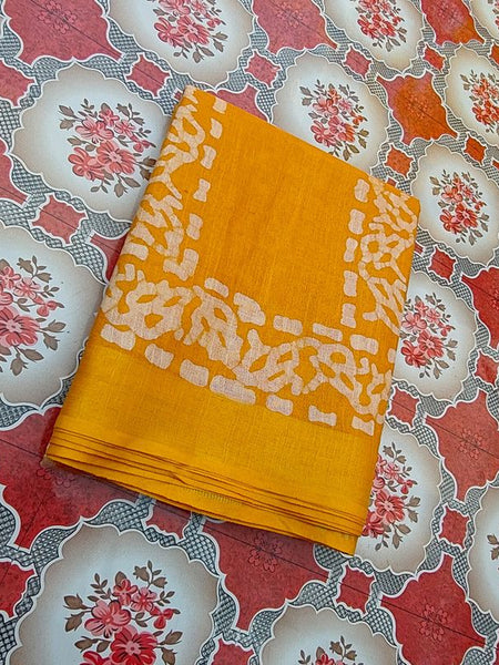 Linen Cotton Blend Handloom Batik Print Saree (GLBR_Gold-Gamboge_Yellow) - View 5