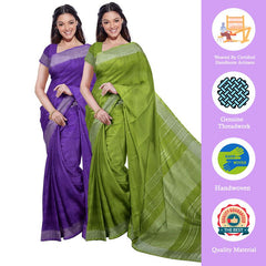 French Violet & Green women's Bhagalpuri Handloom Cotton-Linen Blend Saree Combo (Pack Of 2) With Running Unstiched Blouse Piece - View 2