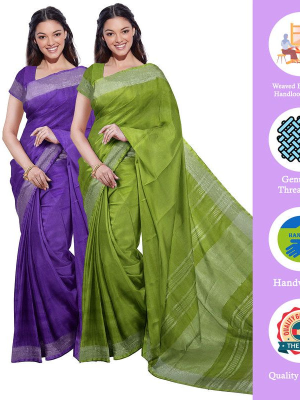 French Violet & Green women's Bhagalpuri Handloom Cotton-Linen Blend Saree Combo (Pack Of 2) With Running Unstiched Blouse Piece - View 2