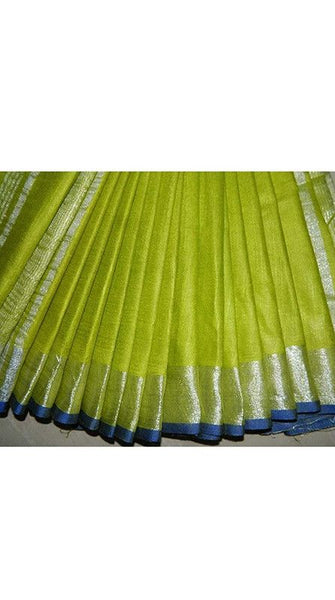 Green-Blue women's Handloom Bhagalpuri Linen Cotton Blend Saree Ethnic Wear With Contrast Unstitched Blouse Piece - View 5