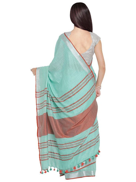 Bhagalpuri Handloom Cotton Linen Blend Contrast Pallu Saree And Unstitched Contrast Blouse Piece - View 4