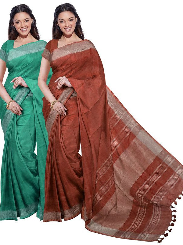 Mint Green & Sienna Orange women's Bhagalpuri Handloom Cotton-Linen Blend Saree Combo (Pack Of 2) With Running Unstiched Blouse Piece