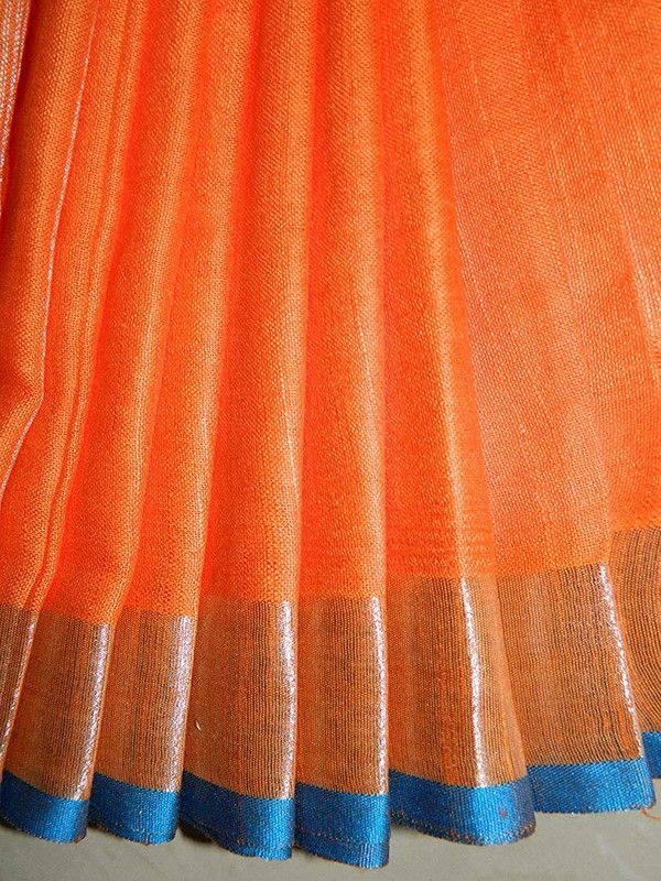 Orange women's Bhagalpuri Blend Linen Saree With Free Contrast Blouse Piece - View 3