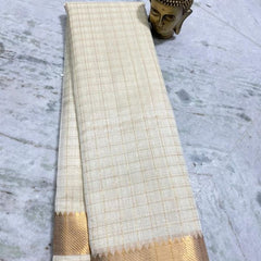 Cotton Silk Handloom Bhgalpuri Check Saree with Gold Zari Border with Blouse Piece for Women (100162 White)