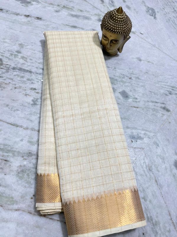 Cotton Silk Handloom Bhgalpuri Check Saree with Gold Zari Border with Blouse Piece for Women (100162 White)