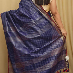 Cotton Linen Handloom Bhagalpuri Check Saree with Contrast Blouse Piece - View 3