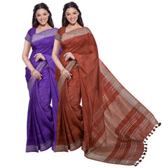Bhagalpuri Handloom Cotton-Linen Blend Saree Combo (Pack Of 2) With Running Unstiched Blouse Piece