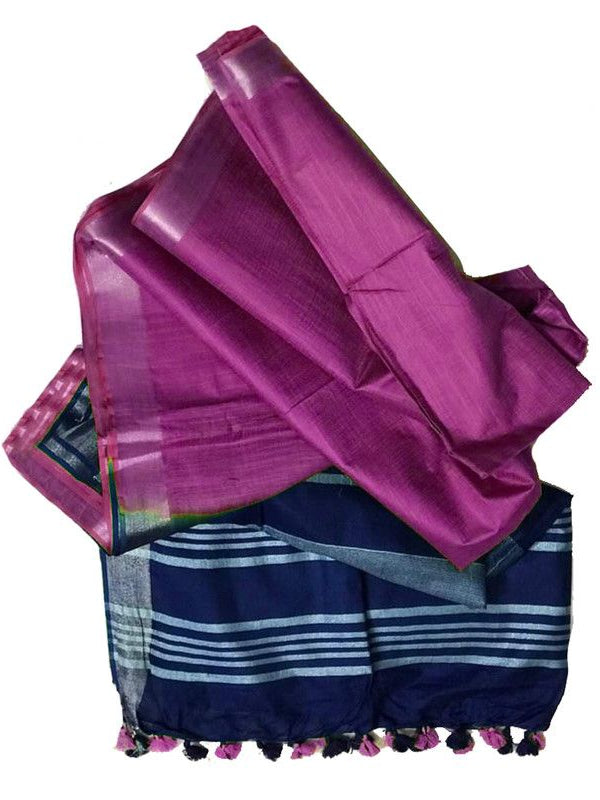 Bhagalpuri Ethnic Wear Handloom Cotton Linen Slub Blend Zari Border Two Dye Saree With Running Unstitched Blouse Piece - View 3
