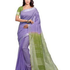 Pale Purple & Moss Green women's Handloom Bhagalpuri Linen Cotton Slub Blend Two Dye Saree With Running Unstitched Blouse Piece