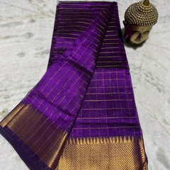 Cotton Silk Handloom Bhagalpuri Wide Border Check Saree (Gold-French_Purple)