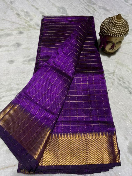 Cotton Silk Handloom Bhagalpuri Wide Border Check Saree (Gold-French_Purple)