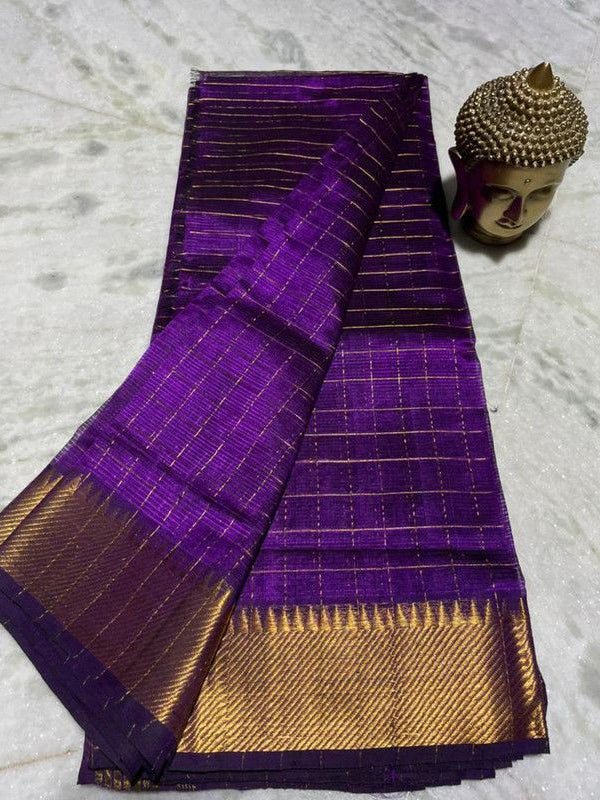 Cotton Silk Handloom Bhagalpuri Wide Border Check Saree (Gold-French_Purple)