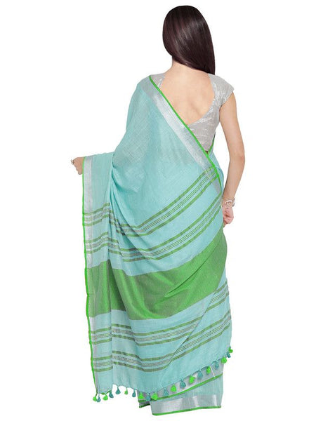 Tiffany Blue-Green women's Bhagalpuri Handloom Cotton Linen Blend Contrast Pallu Saree And Unstitched Contrast Blouse Piece - View 4