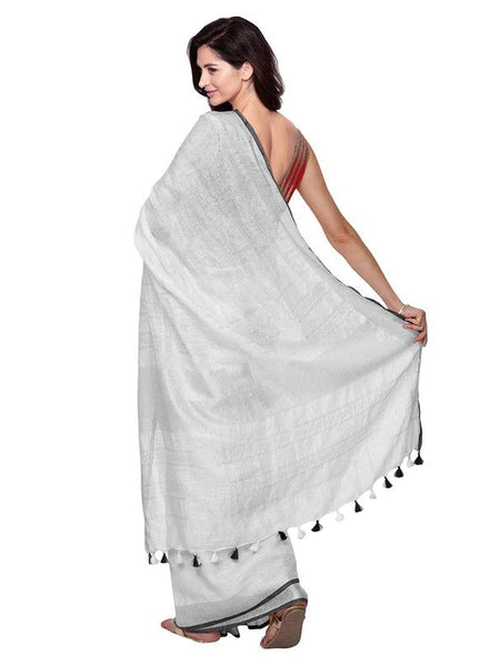 Black women's Bhagalpuri Handloom Linen Cotton Blend White Saree With Silver Zari Border And Contrast Unstitched Blouse Piece - View 3