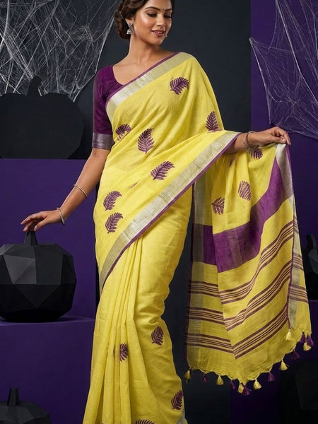 Handwoven Bhagalpuri Linen Blend Embroidered Saree With Contrast Blouse Piece(Yellow_Purple)