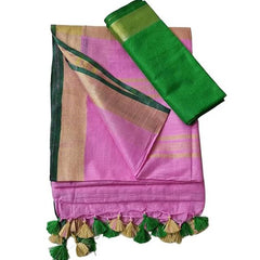 Handloom Bhagalpuri Linen Cotton Blend Contrast Border Saree for Women (12635 Hopbush_Pink-Dark_Green) - View 2