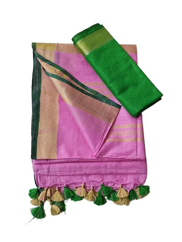 Handloom Bhagalpuri Linen Cotton Blend Contrast Border Saree for Women (12635 Hopbush_Pink-Dark_Green) - View 2