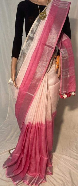 Handloom Linen Bhagalpuri Saree with Dual Tone Dye (Fog & Cranberry_Pink)