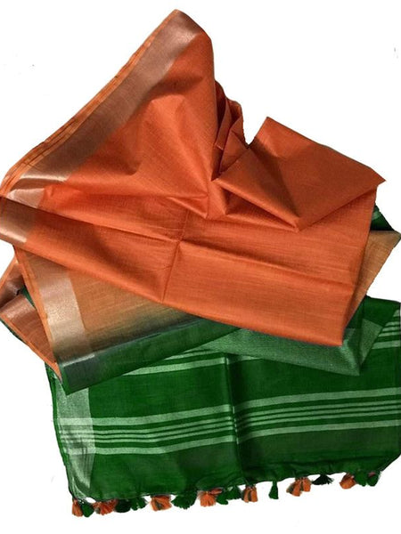Office Green & Carol Orange women's Bhagalpuri Ethnic Wear Handloom Cotton Linen Blend Zari Border Two Dye Saree With Running Unstitched Blouse Piece - View 3