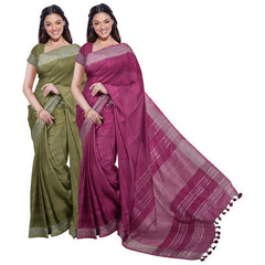 Moss Green & Raspberry Pink women's Bhagalpuri Handloom Cotton-Linen Blend Saree Combo (Pack Of 2) With Running Unstiched Blouse Piece