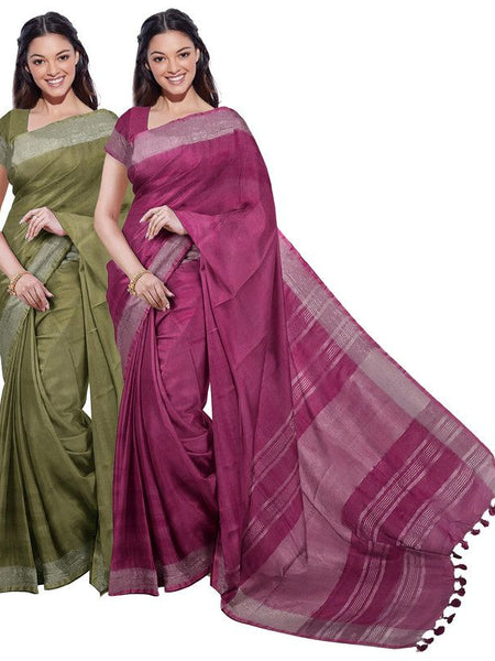 Moss Green & Raspberry Pink women's Bhagalpuri Handloom Cotton-Linen Blend Saree Combo (Pack Of 2) With Running Unstiched Blouse Piece