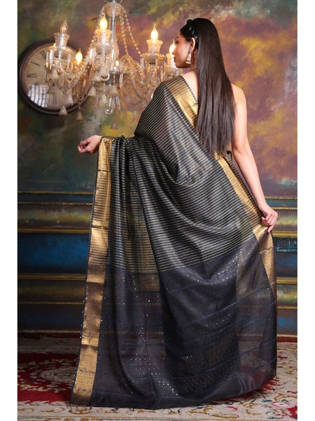 Handloom Cotton Silk Striped Sequin Pallu Bhagalpuri Saree (Black) - View 3