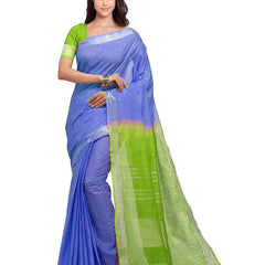 Iris Blue & Apple Green women's Bhagalpuri Handloom Linen Cotton Blend Two Dye Saree With Running Unstitched Blouse Piece