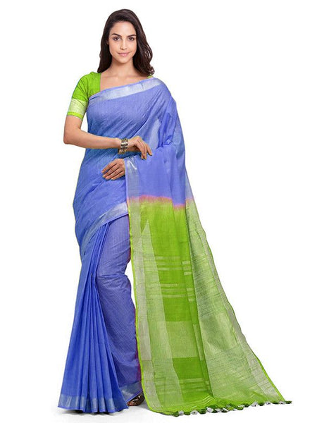 Iris Blue & Apple Green women's Bhagalpuri Handloom Linen Cotton Blend Two Dye Saree With Running Unstitched Blouse Piece