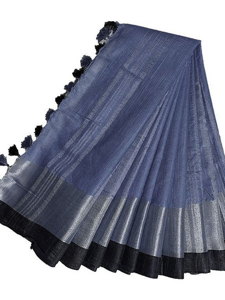 Vista Blue Bhagalpuri Handloom women's Linen Slub Blend Saree With Black Pipin Contrast Blouse Piece