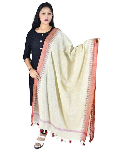 Red Handloom Temple Border Bhagalpuri Linen Dupatta - View 3